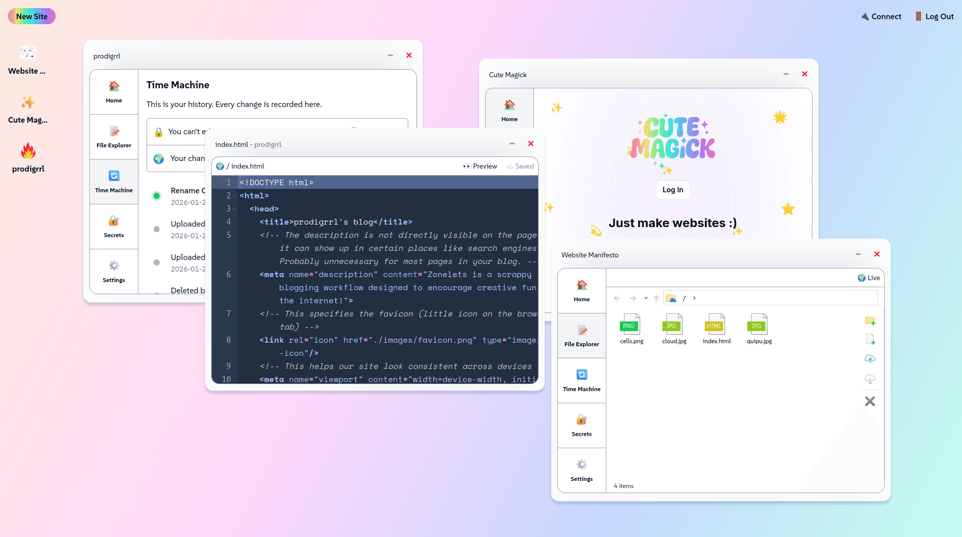 Cute Magick interface with windows for version history, code editing, and file management